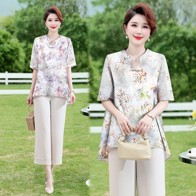 吸汗透气妈妈装夏装新款短棉麻衫时尚套装中老年女t恤上衣服大码
