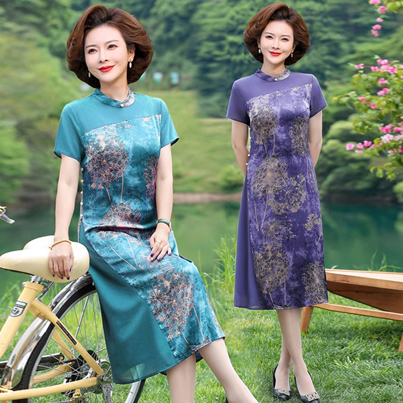 清凉短袖弹力连衣裙中长款大码透气裙子中年女装妈妈装舒适旗袍裙