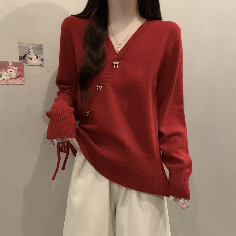 大码蝴蝶结针织衫女2024新款爆款秋冬高级感本命年红色抽绳上衣女