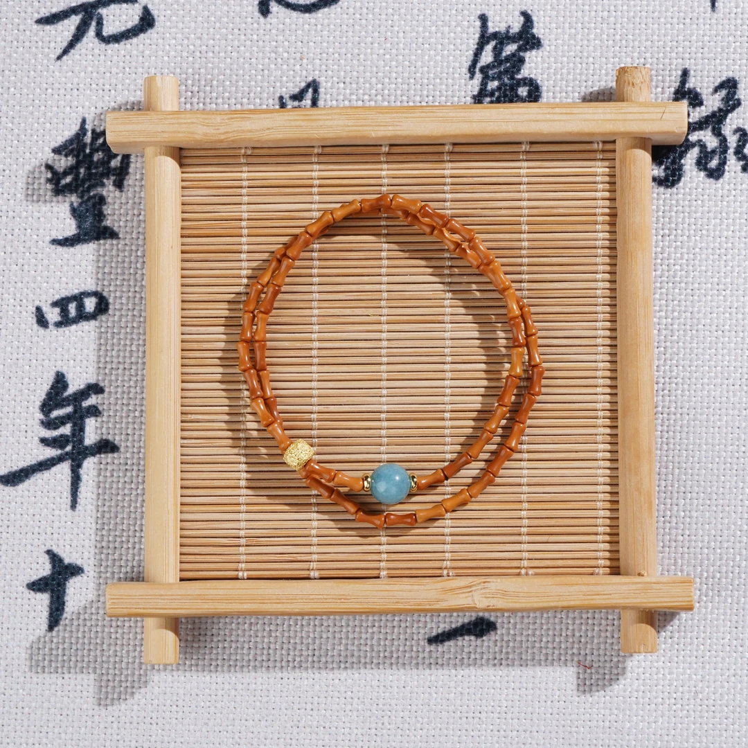天然海蓝宝双圈橄榄核竹节菩提文玩手串PT-S26