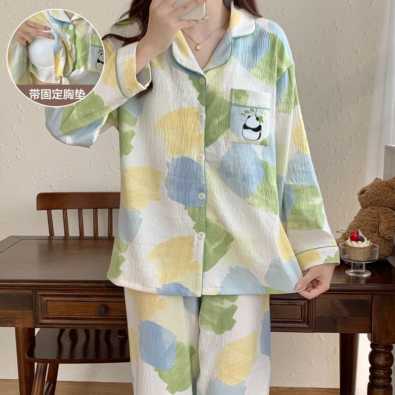 爆款睡衣卡通带胸垫女春秋季印花长袖大码宽松家居服套装网红
