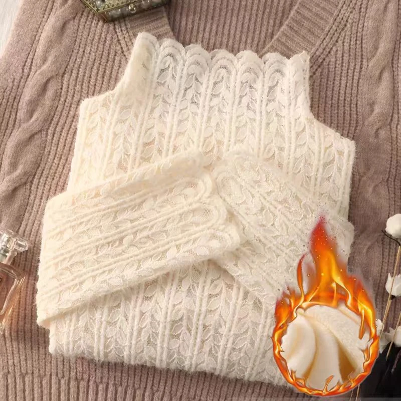 半高领加厚蕾丝打底衫女加绒秋冬新款洋气独特漂亮小衫内搭气质衫