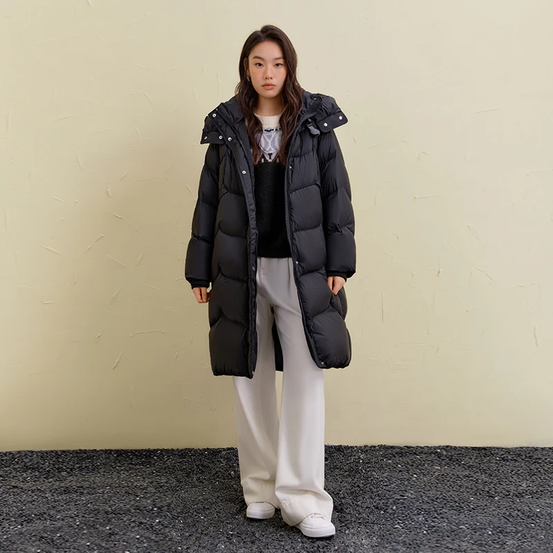独束微胖M大码女装长款连帽羽绒服立领保暖白鸭绒外套24DS84532