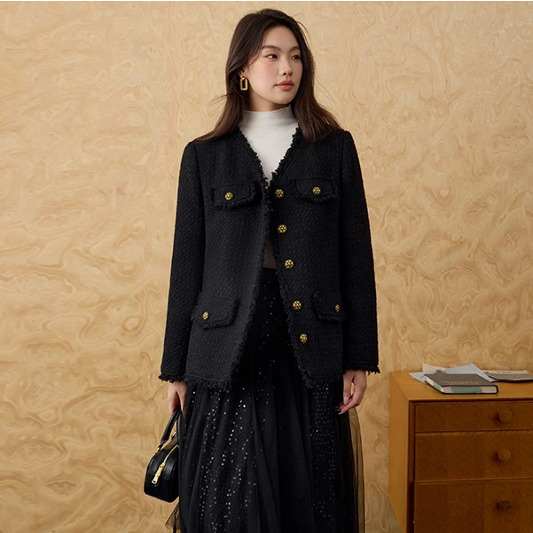 独束大码M女装高级感毛流苏小香风时髦气质短外套24DS83364/84616