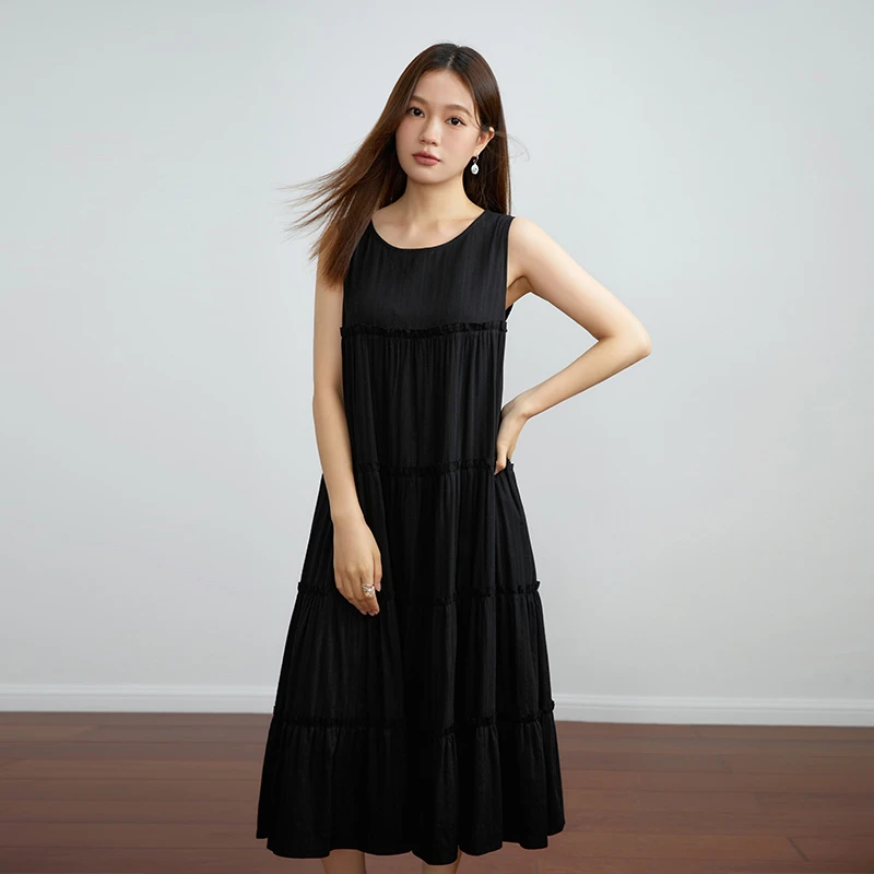 独束微胖MMa字大码女装无袖背心连衣裙中长款显瘦蛋糕裙23DS83319