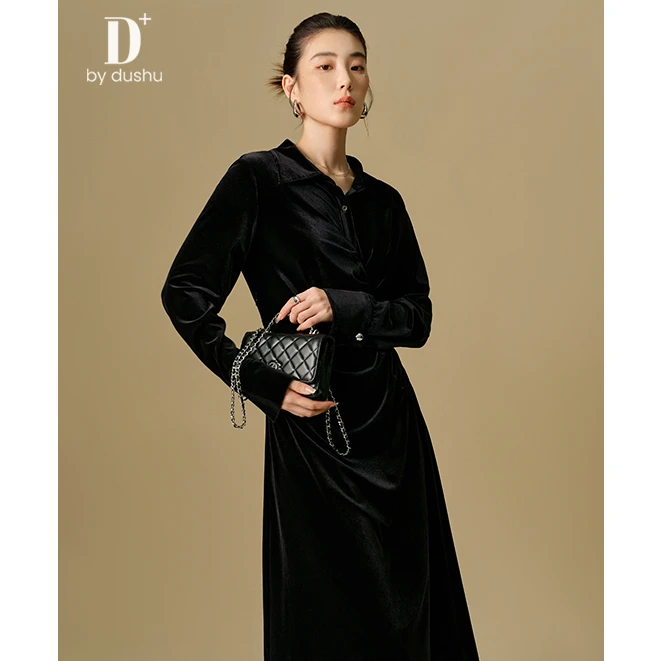 独束微胖M大码女装【D+系列】流光抽皱收腰显瘦丝绒连衣裙24DH840