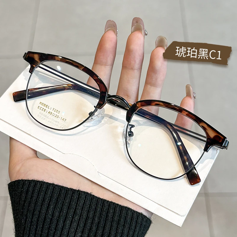 玳瑁眼镜复古近视文艺女小脸超轻半框圆形眼镜框日系镜架眉线框