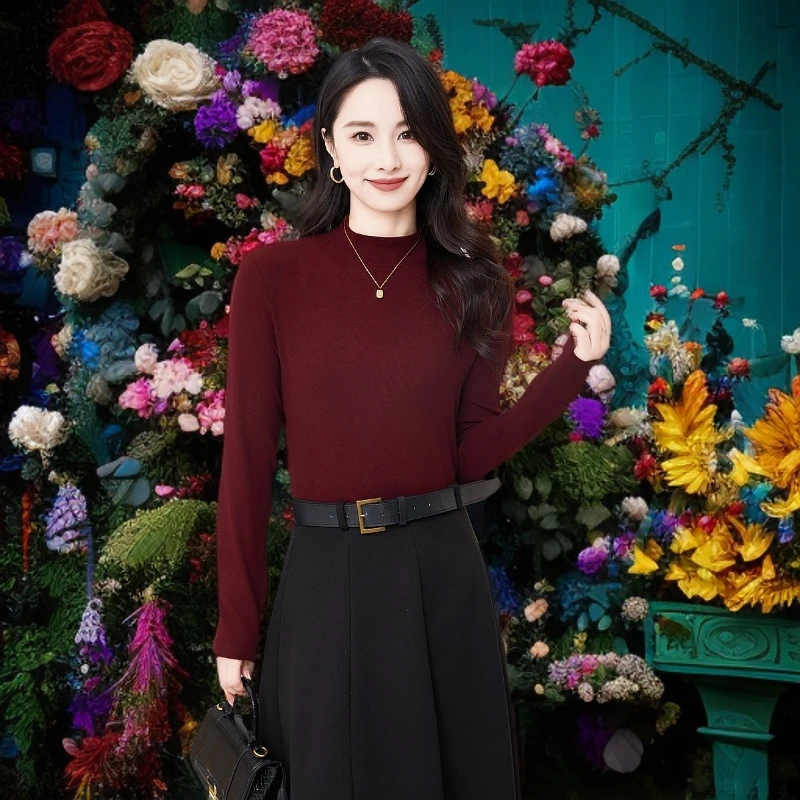 女士秋冬法式螺纹半高领打底衫女内搭洋气百搭休闲长袖上衣255