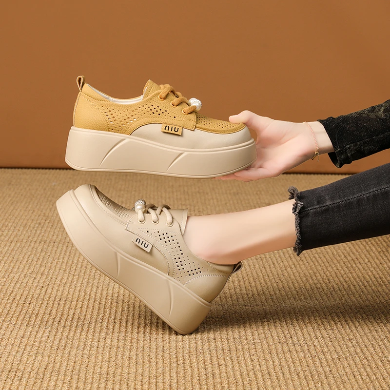 2025新款厚底乐福鞋百搭真皮鞋子女鞋圆头镂空透气乐福鞋#X50503