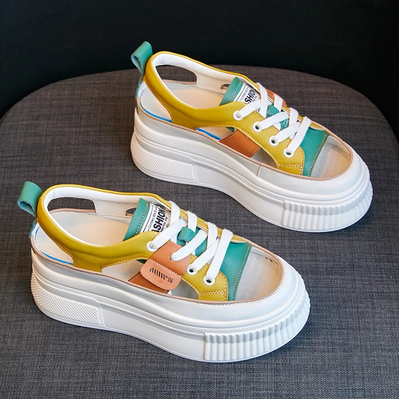 松糕厚底鞋女2025夏季新款透气镂空真皮拼色百搭时尚凉鞋#BC8003