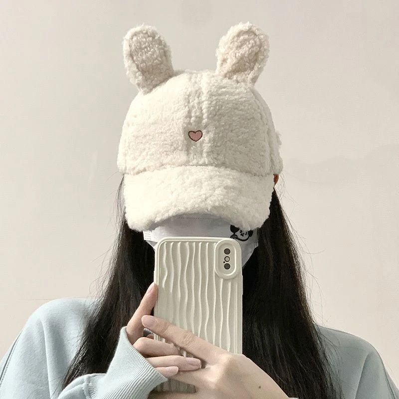 可爱兔耳朵棒球帽子女款冬季显脸小大头围百搭加厚羊羔毛绒鸭舌帽