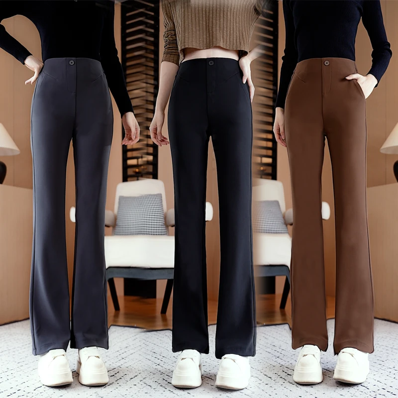 弹力喇叭裤女2025春秋季垂感松紧腰高腰显瘦百搭口袋简约微喇裤子
