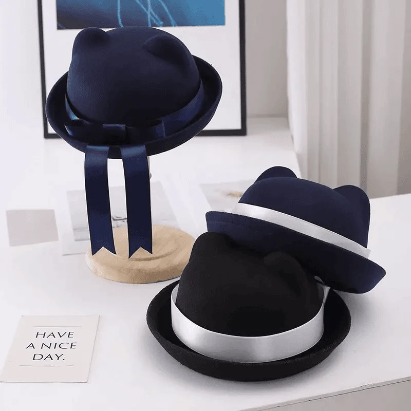 日本校供感jk制服帽毛呢学院风女猫耳朵幼稚园蝴蝶结飘带水手帽子