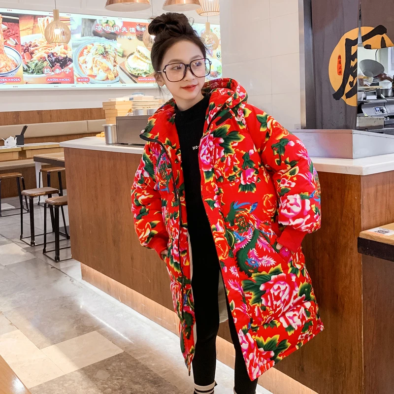 女童棉服东北大花棉袄儿童套装宝宝冬季中国风加厚棉衣套装拜年服