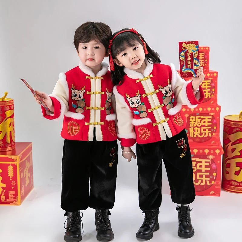 男女童中国风拜年服套装新款加绒汉服冬季周岁礼服过年新衣服唐装