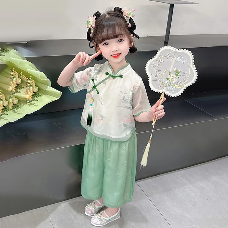 古风超仙唐装礼服女童汉服夏款短袖套装民国风复古六一儿童演出服