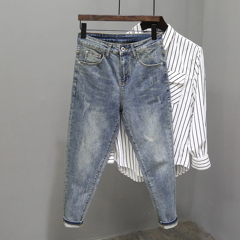 男士潮牌牛仔裤2025春秋季新款修身九分小脚裤美式复古宽松长裤子