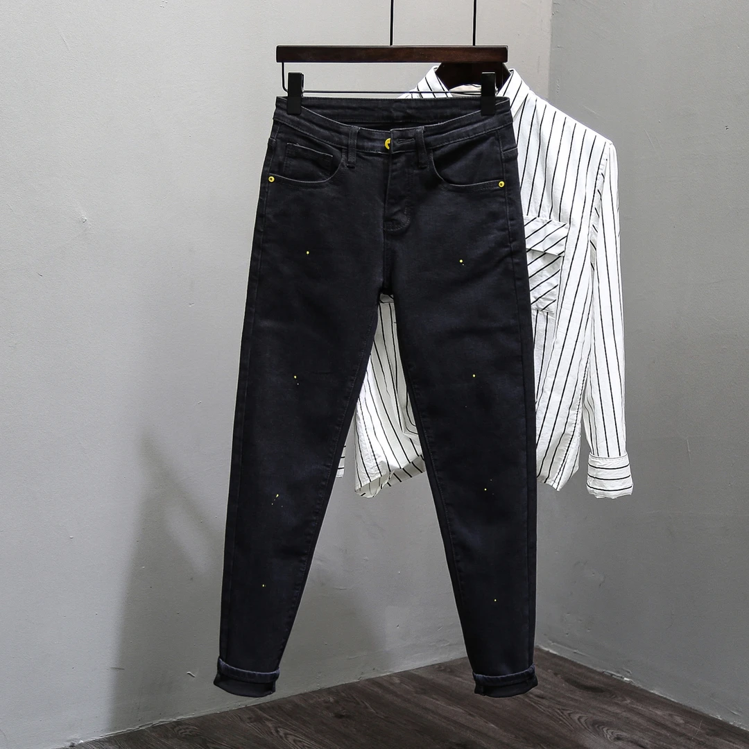 男士潮牌牛仔裤春秋季新款泼墨修身小脚黑灰色弹力百搭九分长裤子