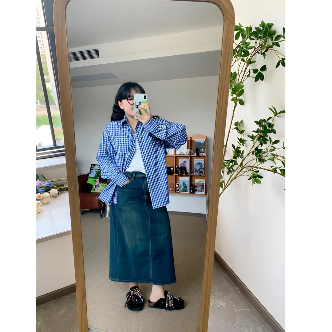 【青四折现货】蓝白格子衬衫气质长袖显瘦时尚休闲小众宽松8821#