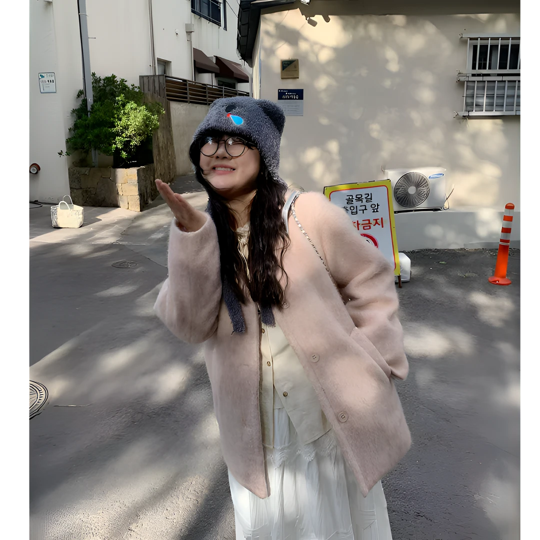 【青四折】羊毛大码秋冬季粉色毛呢夹棉保暖香风大衣