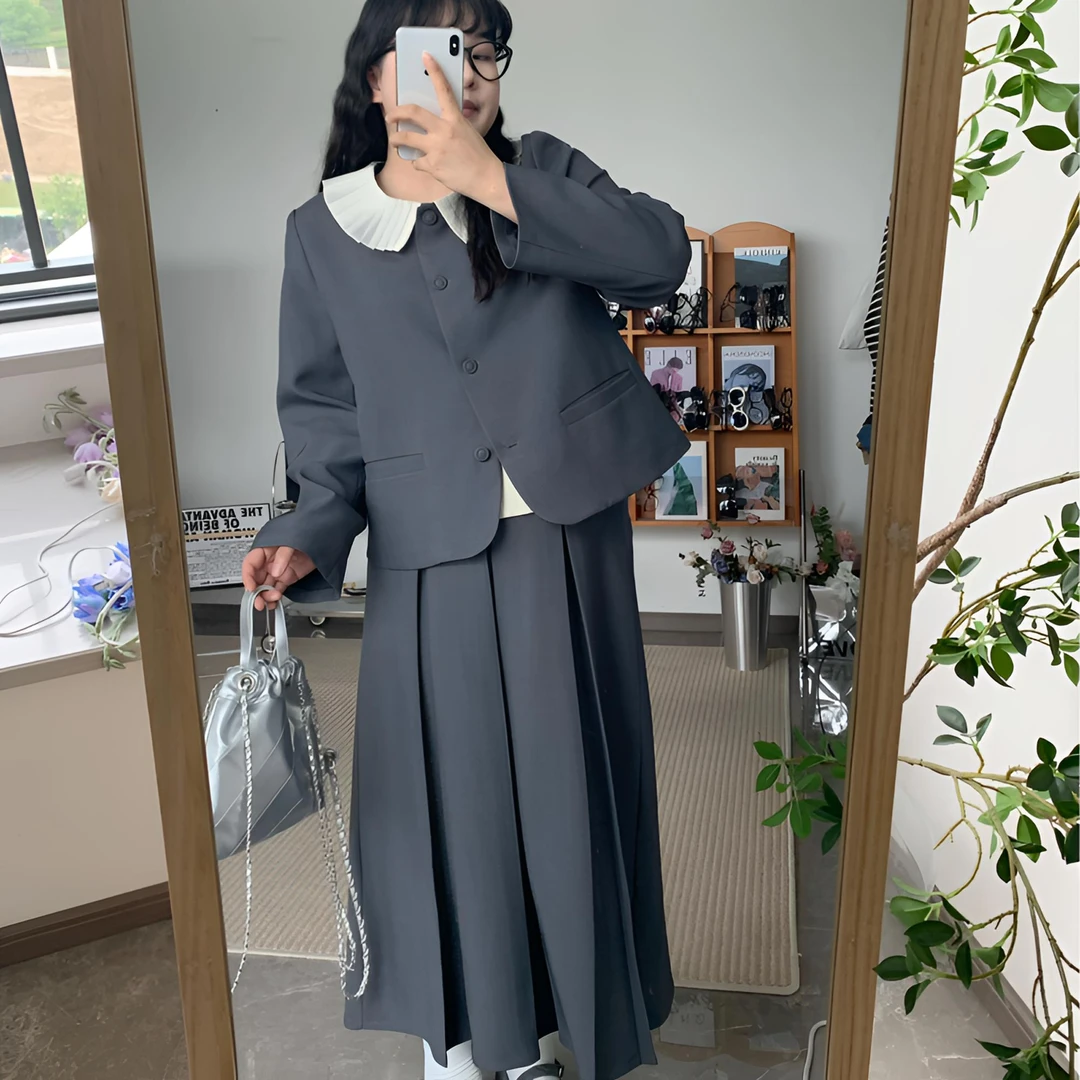 【现货】小西装套装气质灰色时尚学院上衣高腰半身裙两件套显瘦8828