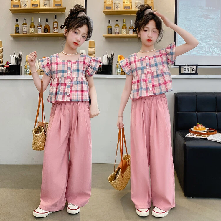 女童娃娃衫短袖套装夏装2024新款中大童韩版格子T恤阔腿裤多巴胺