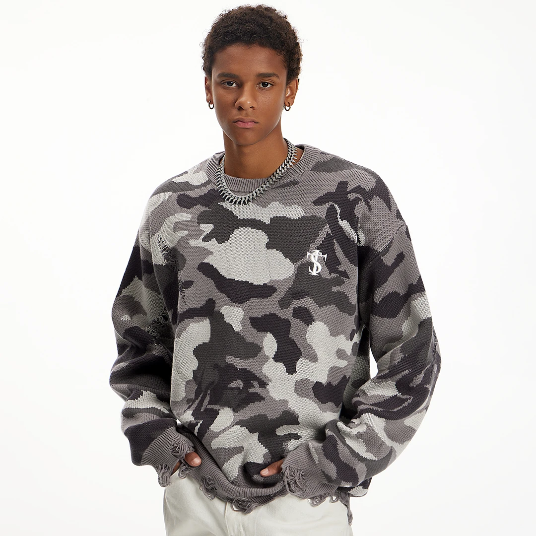 STK SmallTownKid 迷彩破坏毛衣针织衫 潮牌休闲街头