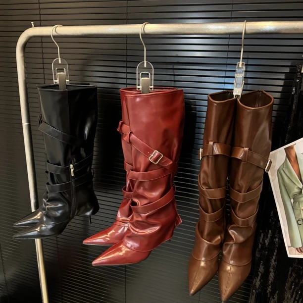 2024新款长靴细跟高跟系带时尚尖头女士秋冬