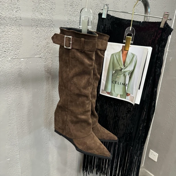 2024不过膝长靴裤管骑士长筒秋冬百搭粗跟时尚尖头高跟坡跟