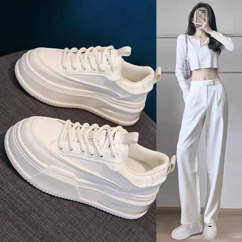 步狮登高级感厚底小白鞋女2024春秋新款松糕鞋小个子增高休闲板鞋
