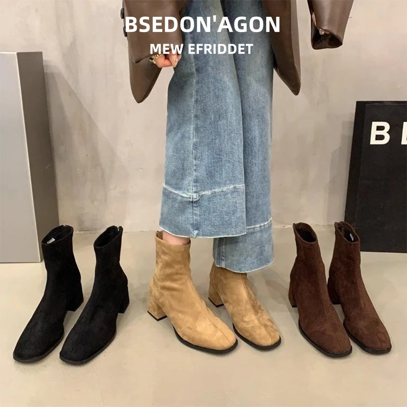 BSDE/步狮登网红高跟绒面瘦瘦靴短靴女款春秋单靴咖色韩系小裸靴