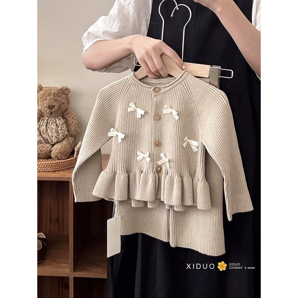 韩国童装女童套装秋冬季新款洋气毛衣蝴蝶结针织开衫上衣裤子两件