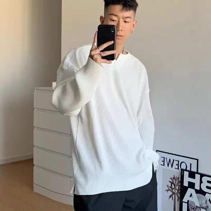秋季宽松美式打底衫男长袖t恤纯色V领弹力篮球训练撸铁健身衣服