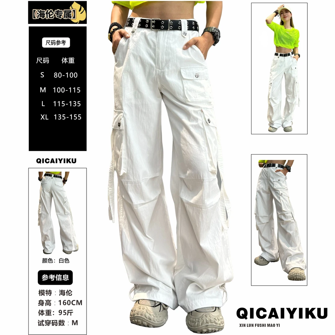 E-267-裤子2024新款运动大口袋飘带宽松阔腿工装休闲裤XL702