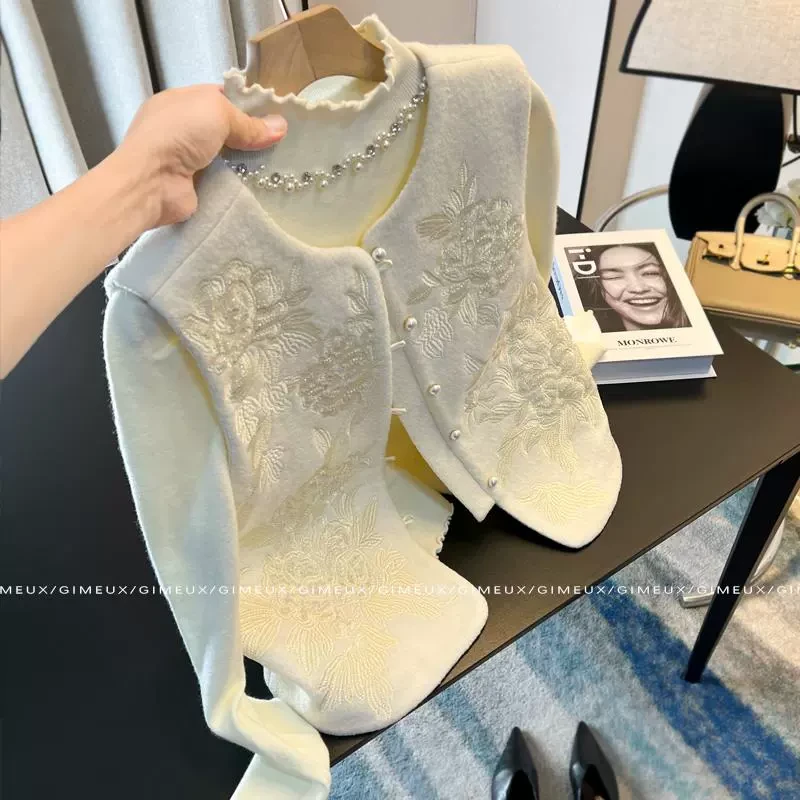 新中式国风上衣套装女2024秋冬款名媛气质高级感加厚马夹内搭毛衣