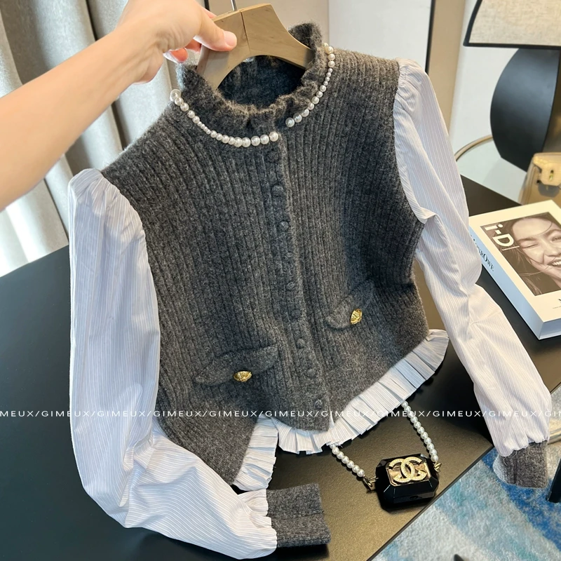 JOJO专属秋冬假两件小香风拼接毛针织衫新款法式洋气减龄百搭上衣