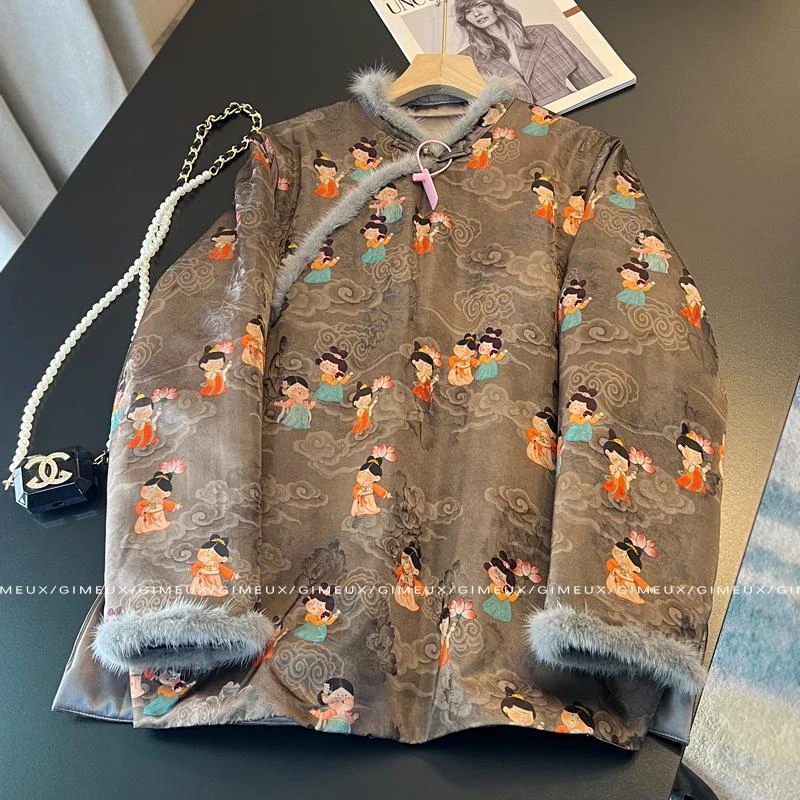 2024冬款新中式国风棉服女高级感复古印花上衣毛袖夹棉保暖外套潮