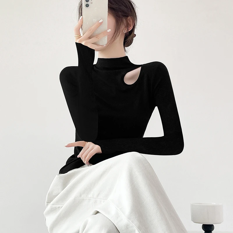 JS【TS205】螺纹棉半高领打底衫女秋季设计感时尚洋气修身长袖T恤A6