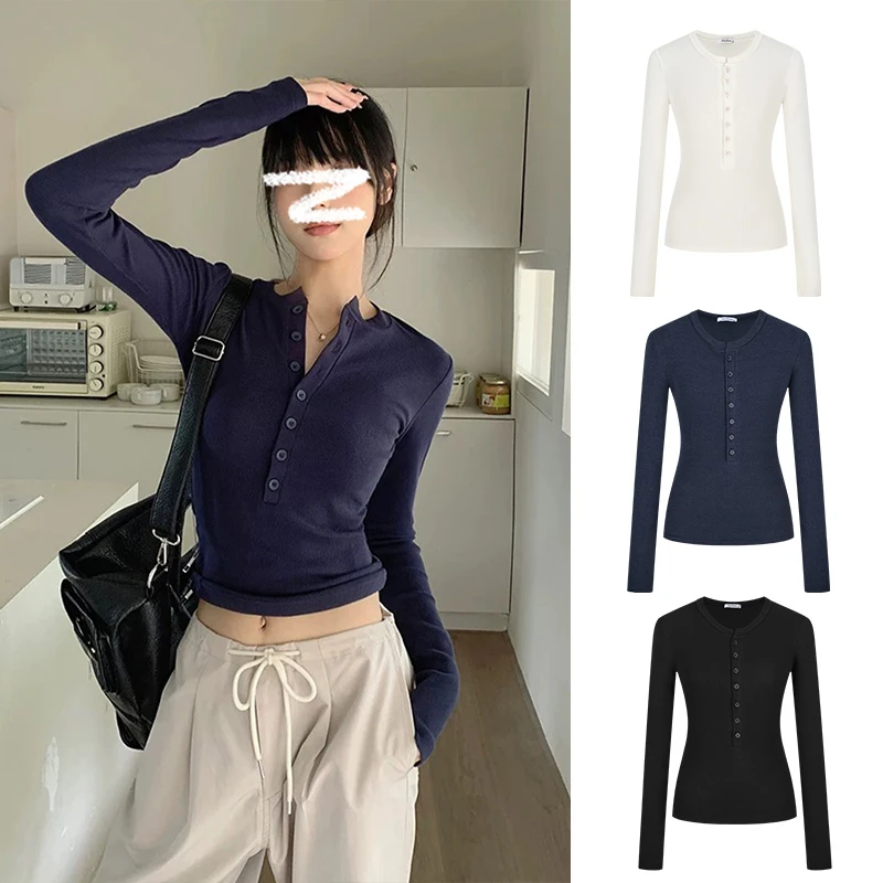 MX半开领正肩针织T恤女高腰休闲百搭修身长袖显瘦秋冬短款打底B1