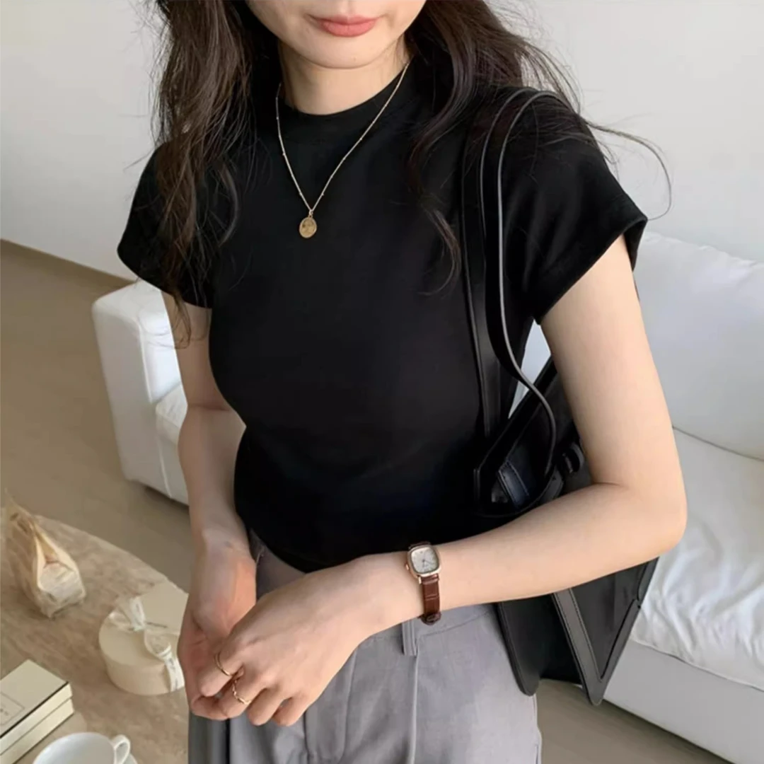 JS正肩短袖t恤女美式显瘦圆领夏高级感内搭简约修身棉上衣洋气A4