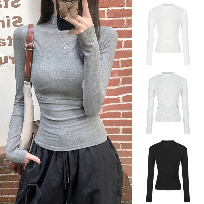 MX掐腰显胸长袖打底衫半高领女秋冬季针织紧身抽褶修身百搭上衣A2