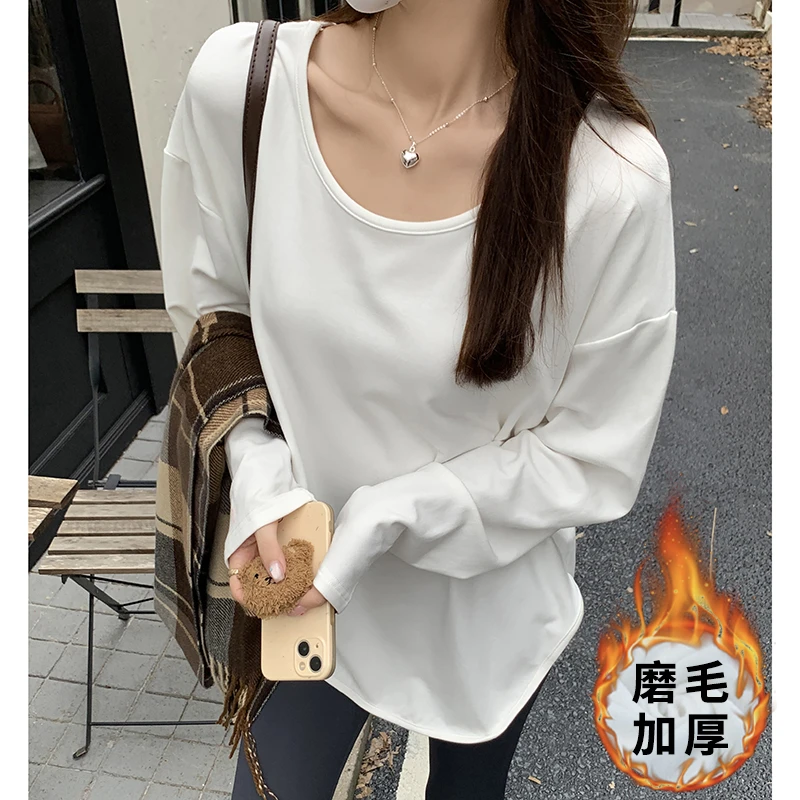 SA宽松中长款t恤女秋冬显瘦加绒开叉下摆搭配卫衣长袖百搭上衣C0