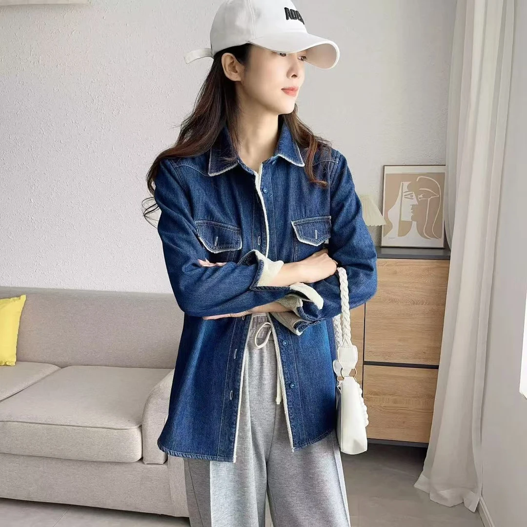 韩尤简同款百搭修身加绒牛仔衬衫衣