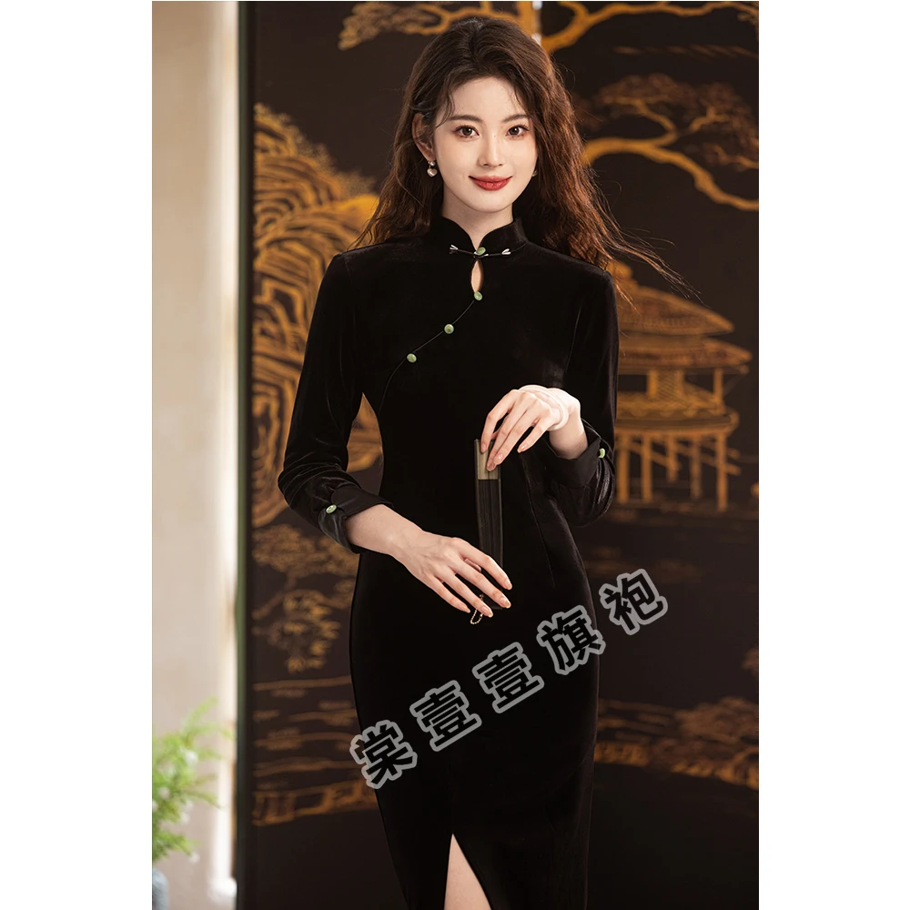 黑色旗袍长袖秋季新款2024新中式气质高端复古优雅显瘦日常连衣裙