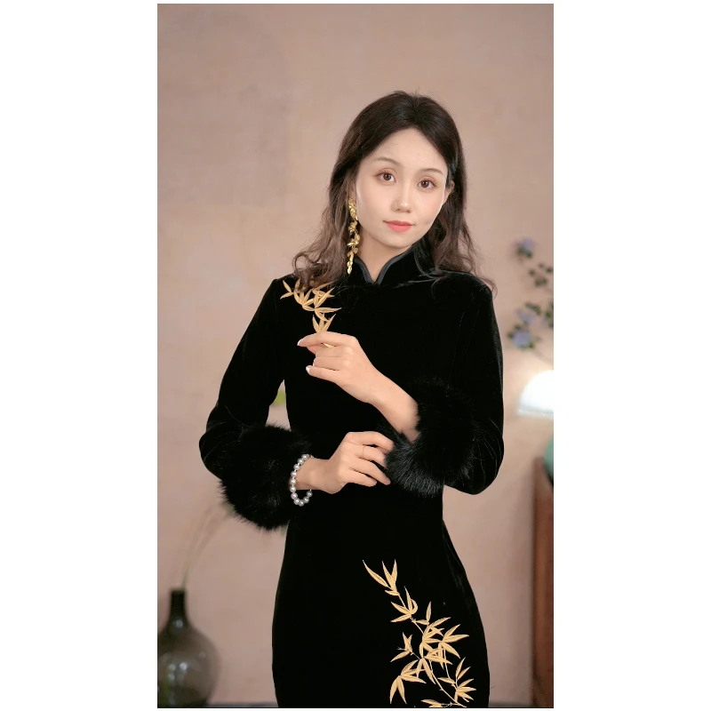 黑色新中式旗袍中国风轻奢高级感冬季加厚加绒改良连衣裙长袖日常