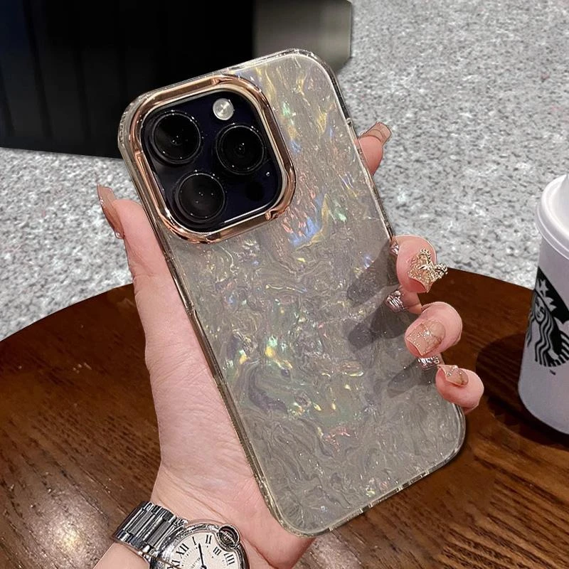星空闪粉贝壳纹苹果15promax手机壳新款iPhone15pro简约14pro奢华