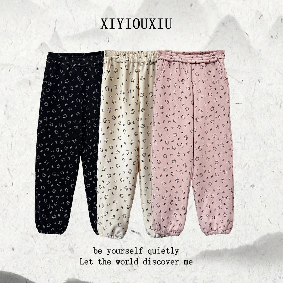 辰曦同款【猫咪家族】创意款百搭甜美风加绒加厚束腿裤子