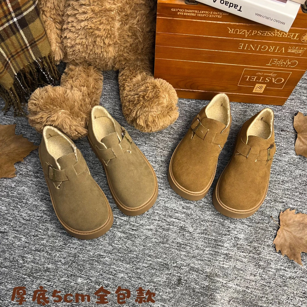 2024新款百搭软底加绒保暖乐福鞋秋冬季勃肯一脚蹬休闲厚底勃肯鞋