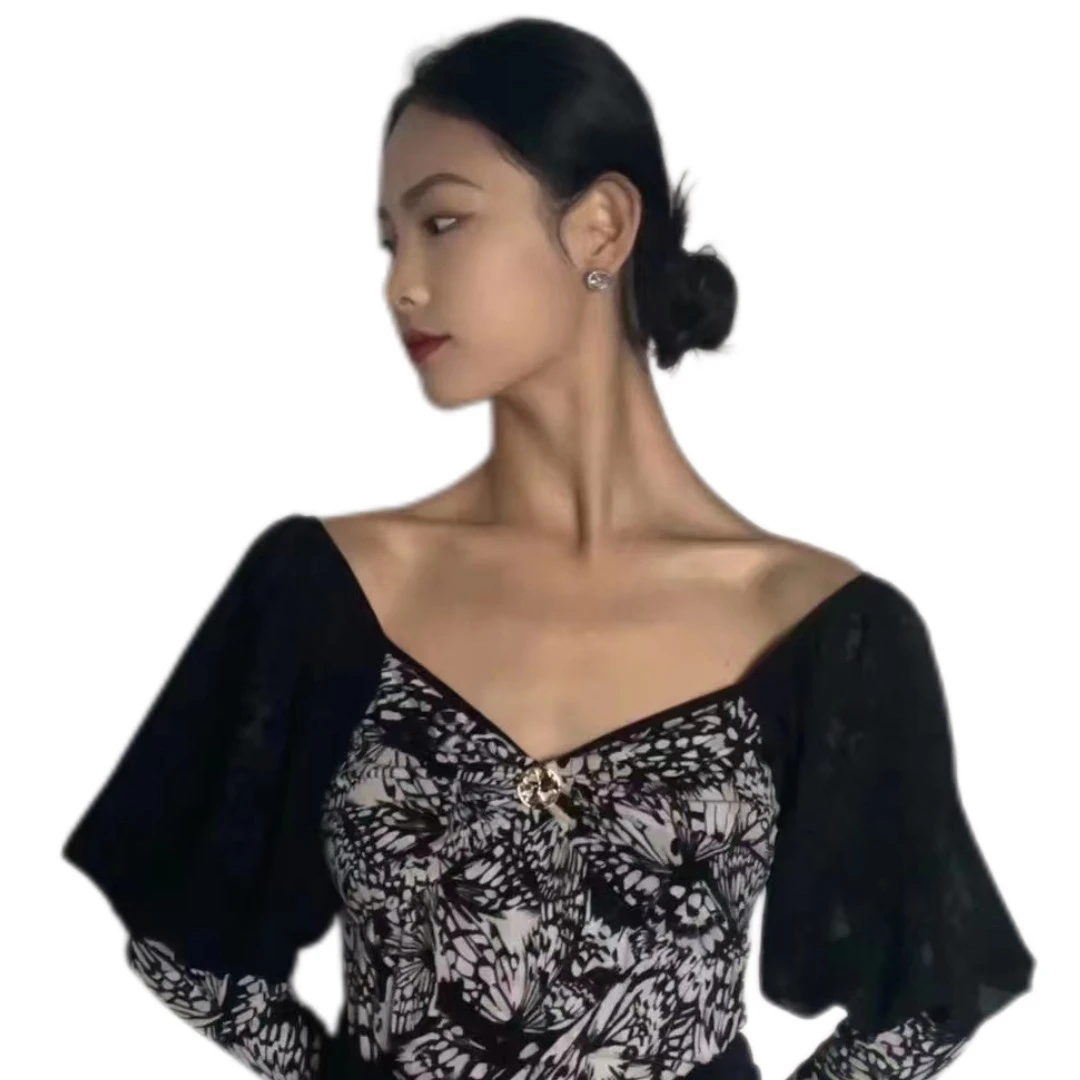 摩登舞女士练功服女士舞蹈服女士摩登舞练功服女士黑白泡泡袖