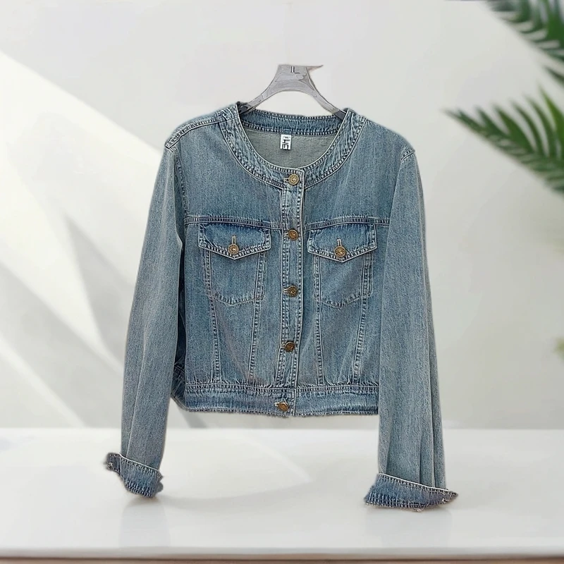 必魅秋冬韩版ins水洗蓝色牛仔小香风外套时尚百搭气质上衣25219